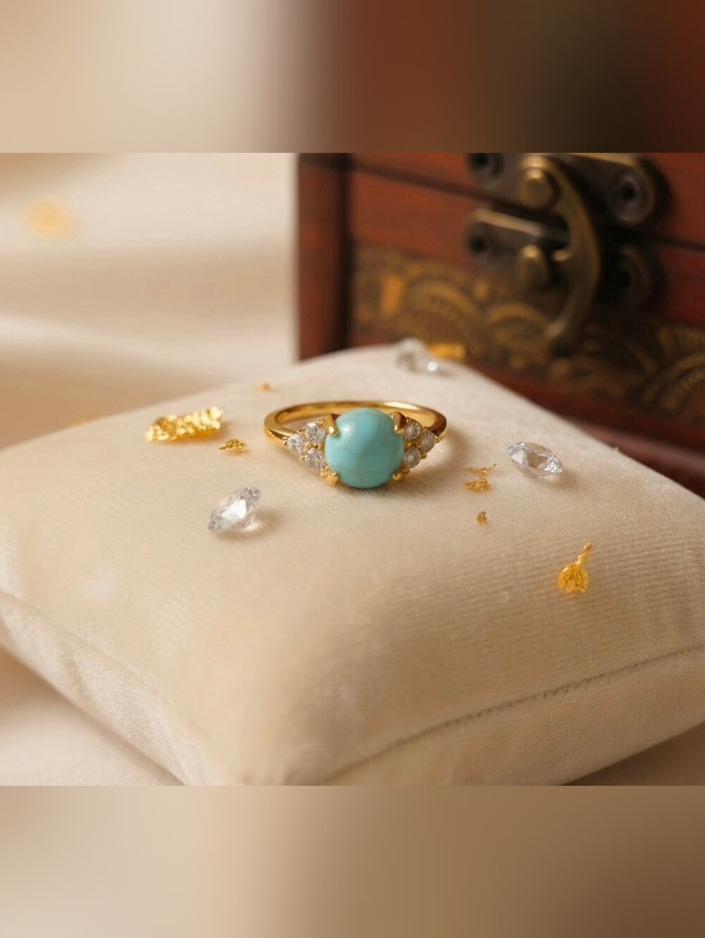 Gold Ring with Turquoise Center and Pavé Accents - Women Jewelry Size 5